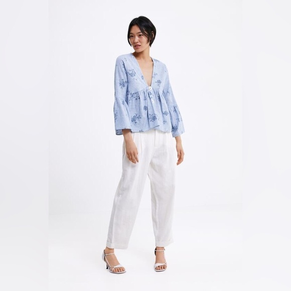 Zara Embroidered Cotton Poplin Shirt Size Large - Picture 2 of 7